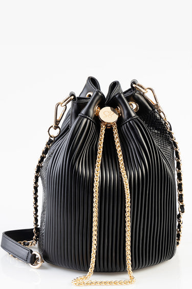 black pleated bucket bag with gold chain straps and a drawstring top with a round gold logo plaque