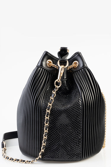 black bucket bag with pleated vertical sides, gold chain strap and snake patterned center panel