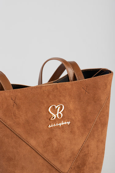 Blue Jean Traders brown suede shopper bag with two handles and a gold SB logo with sissyboy branding
