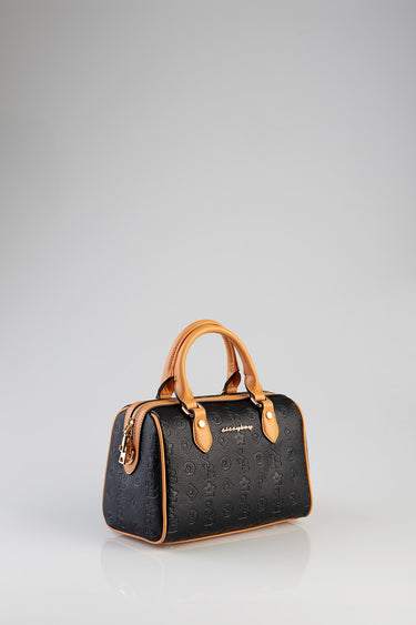 Blue Jean Traders bowler bag with black embossed texture, tan leather handles and trim, and gold hardware.