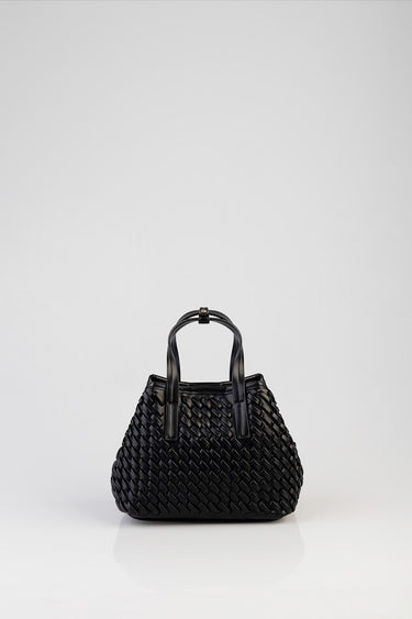 black textured mini tote bag with woven pattern and two top handles on a white background
