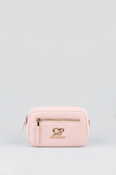 pink crossbody bag with gold hardware and small front pocket
