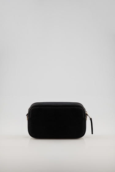 Blue Jean Traders crossbody bag in black with gold zipper pull and compact rectangular shape