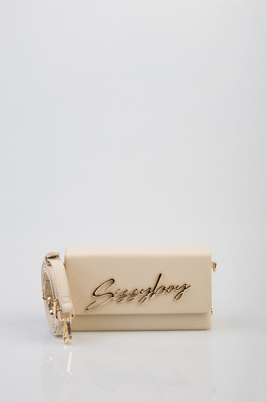 beige rectangular handbag with a gold cursive logo and an adjustable strap