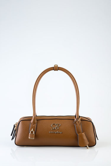 brown textured leather handbag with double top handles, gold hardware and a small hanging tag