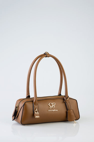 tan brown leather shoulder bag with two handles, gold logo, lock charm, and a small tag