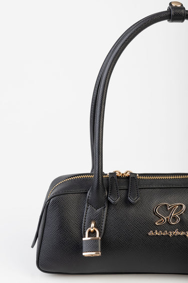 black textured leather shoulder bag with gold hardware and top handle