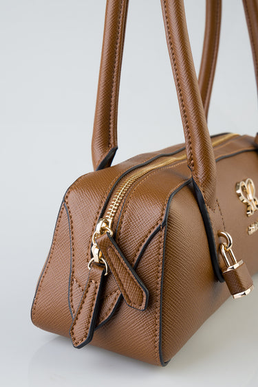 brown textured leather shoulder bag with double handles and gold hardware