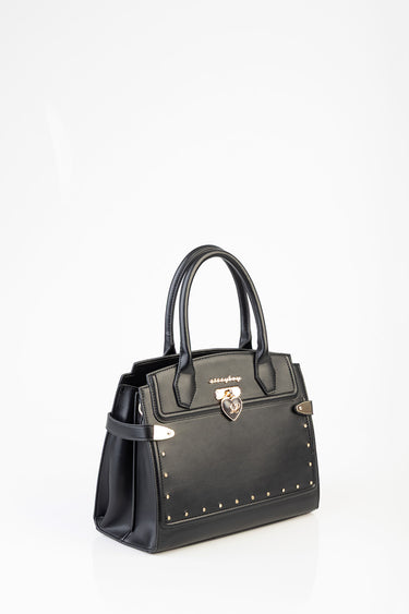 black tote bag by Blue Jean Traders with double handles, gold heart lock, and gold studs along the front panel.