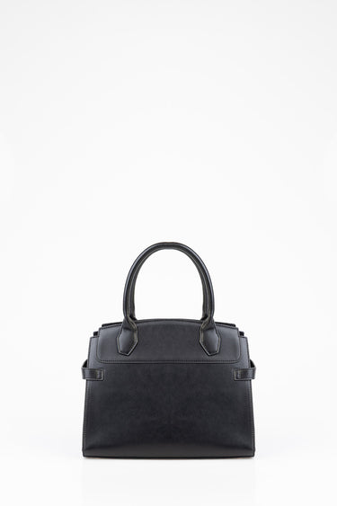 black tote bag with double top handles and stitched detailing on a white background