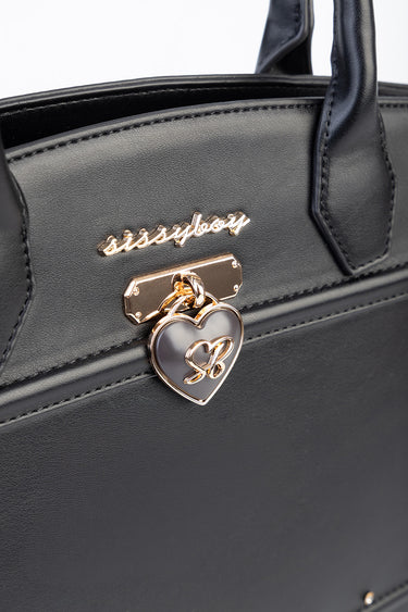 black tote bag with a gold heart lock charm and gold logo plaque by Blue Jean Traders