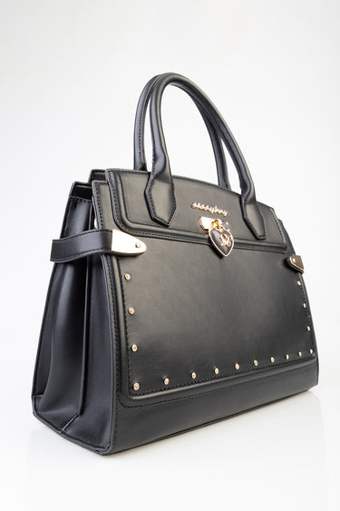black tote bag with gold hardware and studded trim, double handles and heart lock charm