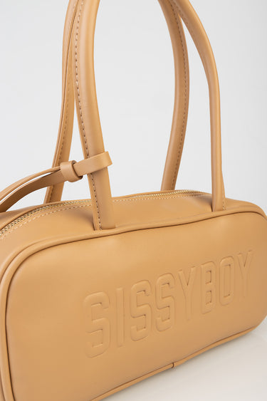 tan bowler bag with double top handles and embossed lettering on the front by blue jean traders