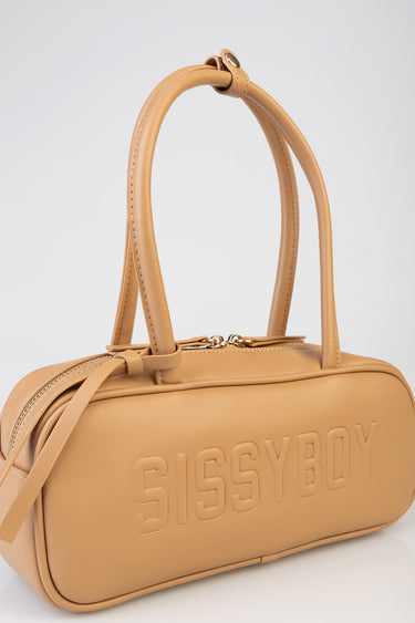 tan leather bowler bag with twin top handles and a long shoulder strap, embossed front.