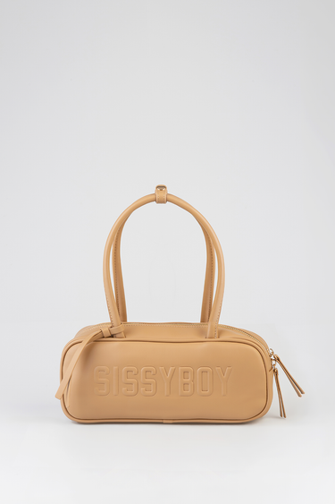 tan bowler bag with two top handles, embossed SISSYBOY on the front, and a gold zipper with tassel pulls