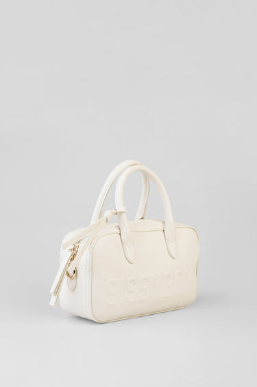Blue Jean Traders white mini handbag with two top handles, detachable strap, gold hardware, embossed logo on the side