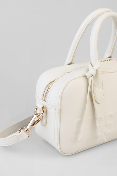 cream handbag with short top handles, knot detail, gold zip and detachable strap