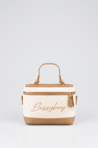 mini vanity bag in white with tan trim, gold zipper, compact top handle and front script logo