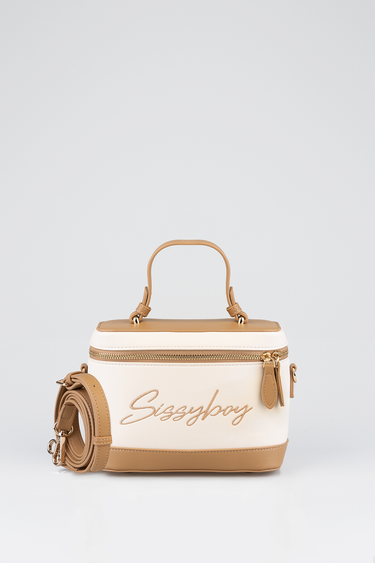 small cream and tan vanity bag with a top handle, gold zipper, and a detachable strap
