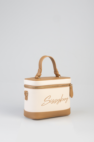 cream and tan mini vanity bag with a top handle and gold zipper, front logo script.