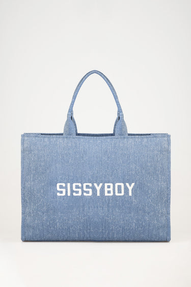 blue denim tote bag with two handles and a white Sissyboy logo on the front