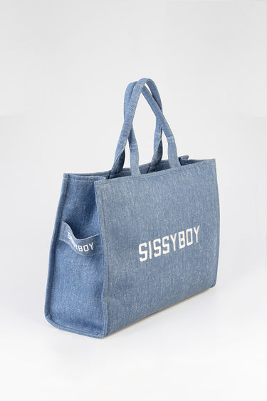 blue denim tote bag with two handles and the white sissyboy logo on the front
