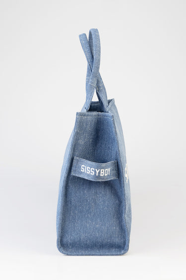 denim tote bag with two loop handles and a side patch reading Sissyboy