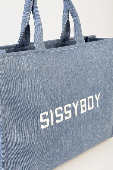 denim tote bag with two handles and visible white stitching; logo reads MISSYBOY on the side