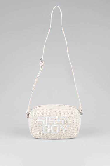 cream crochet crossbody bag with long strap and large raised text reading Sissy Boy on front