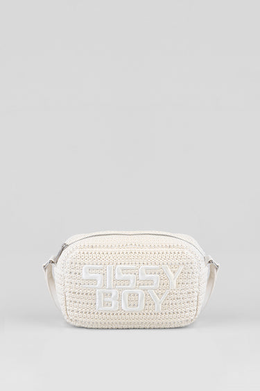cream crochet crossbody bag with a zipper top and large white raised letters reading sissy boy