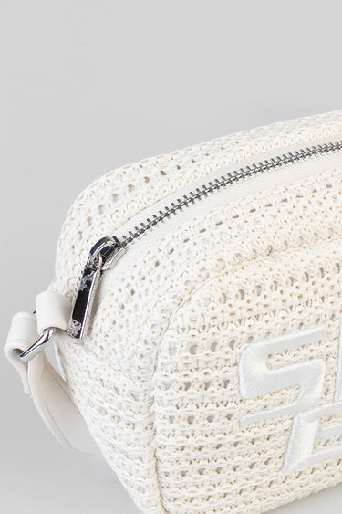 Blue Jean Traders bag with cream woven texture silver zipper and white strap