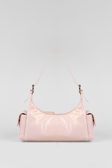 pink bag by blue jean traders with glossy finish, single shoulder strap and side pockets