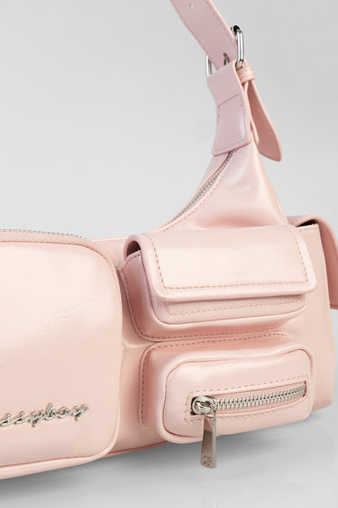 pink bag by BLUE JEAN TRADERS featuring zip compartments and front pocket details