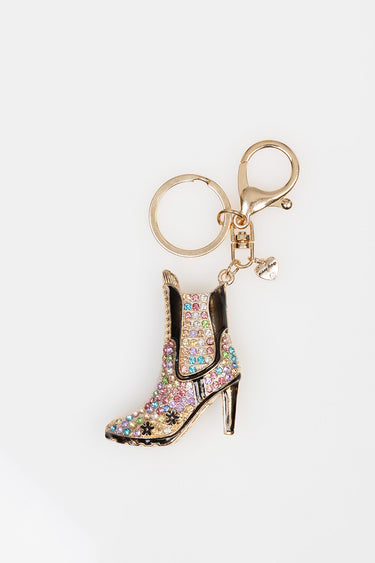 gold tone ankle boot charm covered in colorful crystals on a keychain with a lobster clasp