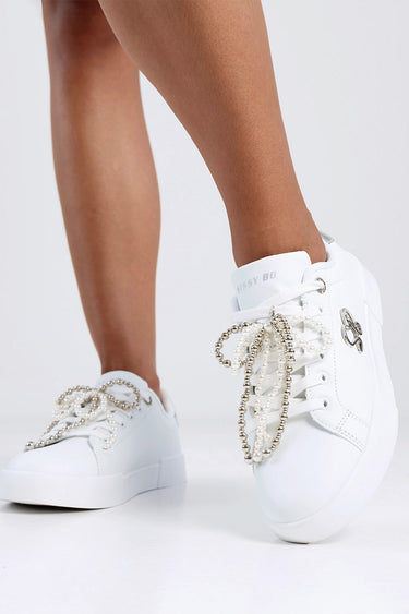 Silver White Pearl Bow Shoe Charm