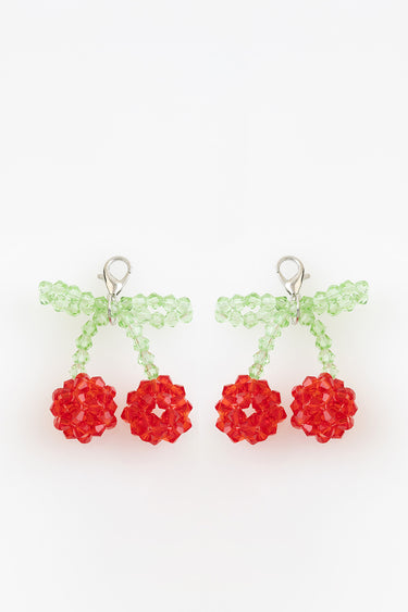 pair of cherry bead charms with green leaf beads and red fruit beads on silver clasps