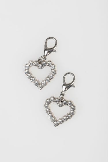 two silver heart charm pendants outlined with clear crystals and lobster clasps