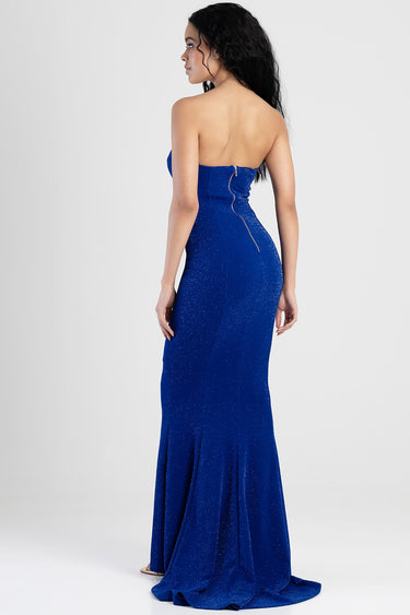 blue glitter strapless maxi dress shown from the back with a visible zipper and subtle train