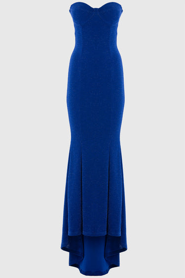 blue glittery long dress with sweetheart neckline and fitted bodice, mermaid skirt flowing to the floor