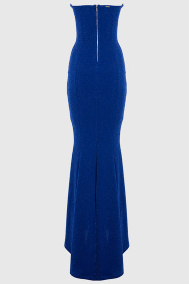 blue glittery maxi dress with a back zipper and a sleeveless high neck silhouette