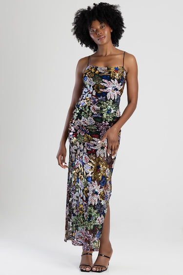 Blue Jean Traders floral sequin maxi dress with thin straps on a model