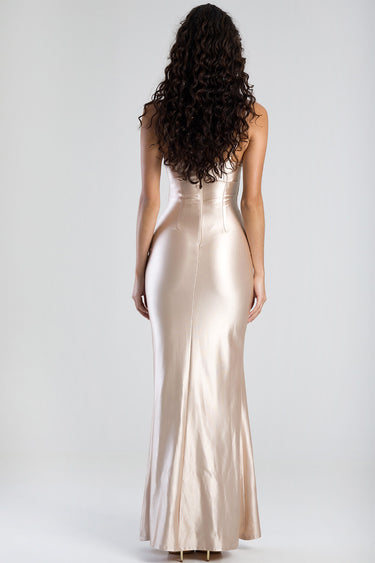 back view of a champagne satin strapless corset dress with a fitted bodice and floor-length skirt