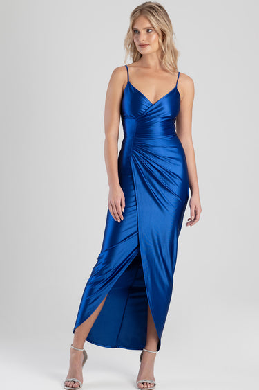 blue satin maxi dress with thin straps wrap front and draped ruching full length with a leg slit