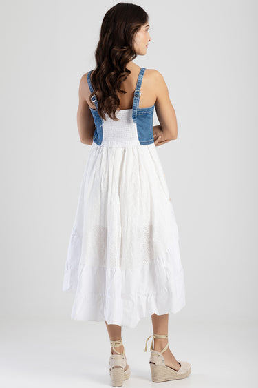 Blue Jean Traders denim and white eyelet midi dress shown from behind with shoulder straps and wedges