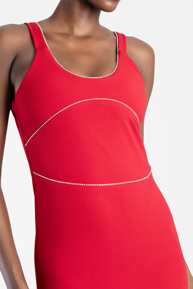 red sleeveless maxi dress with silver bead trim along the neckline and curved waist seam
