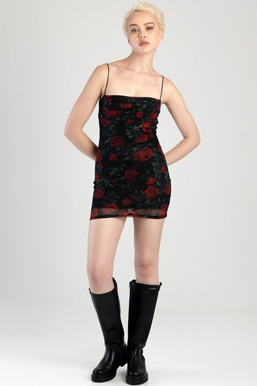 blue jean traders black rose print mini dress with spaghetti straps and sheer hem, paired with black knee high boots