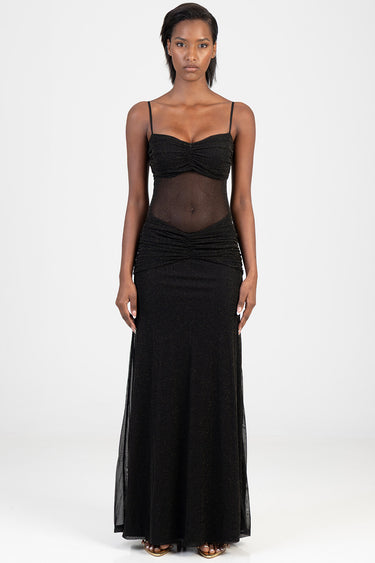 blue jean traders black maxi dress with spaghetti straps, sheer midsection, ruched bodice, and glittery full skirt