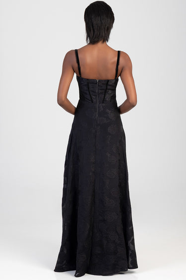 back view of a black lace maxi dress with thin adjustable straps and a center back zipper
