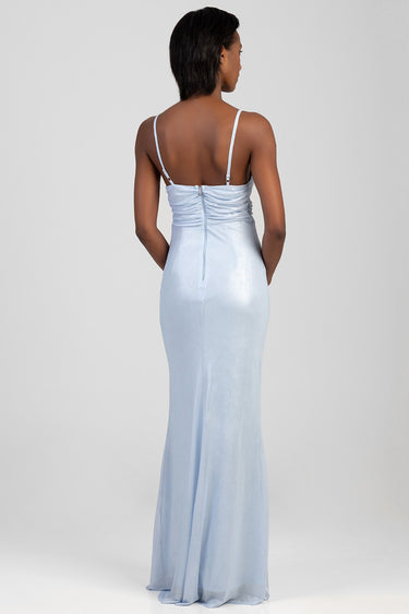 woman wearing a light blue maxi dress with thin straps, ruched back and back zipper, full length gown.
