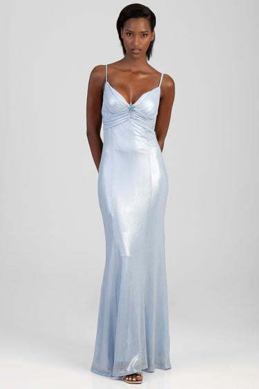 light blue satin maxi dress with spaghetti straps and ruched bust, jewel at centre, floor length, shown with silver sandals